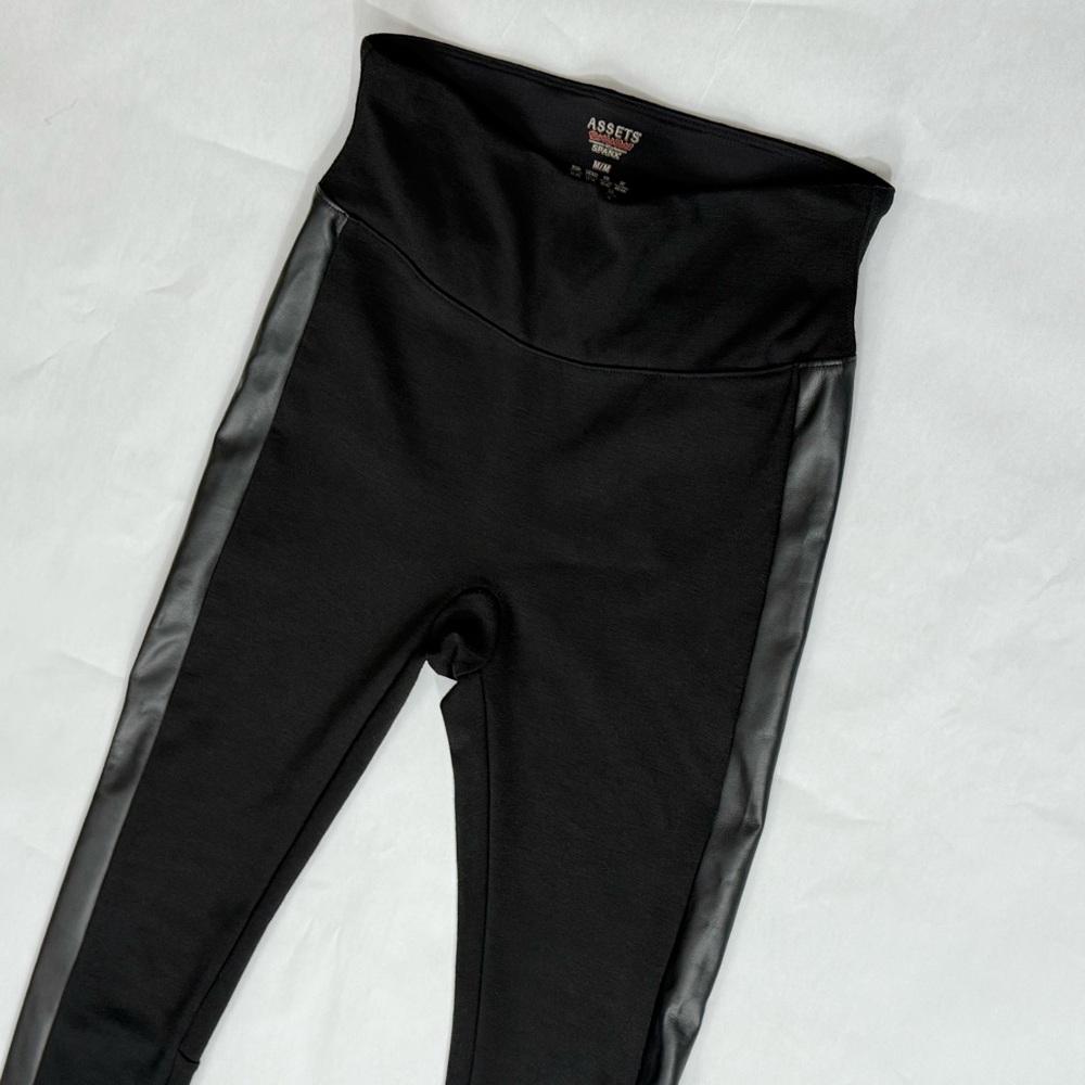 Spanx ASSETS High Waisted Ankle Leggings Black Faux Leather Trim Size Medium